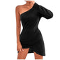 Mini Slim High Waist Slanted Shoulder Dress Black