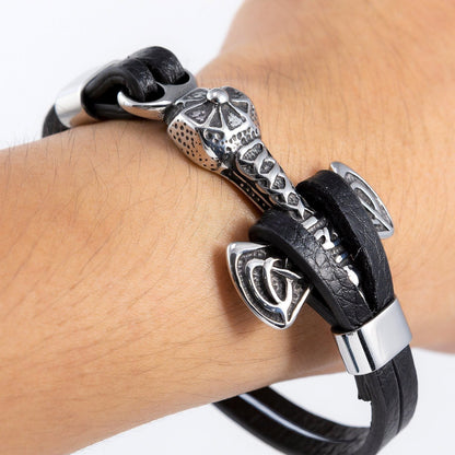 Handcrafted Stainless Steel and Leather Thor's Hammer Wristband